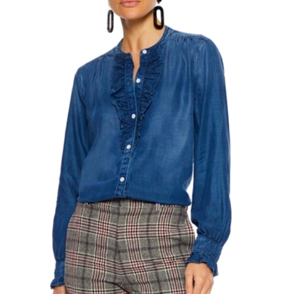FRAME JAMES RUFFLE DENIM SHIRT 100% tencel super soft !! size Small EUC !!